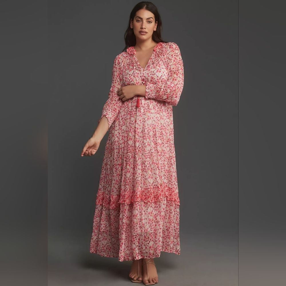 Anthropologie The Marais Printed Chiffon Maxi Dress In Red Sz Extra Large Petite